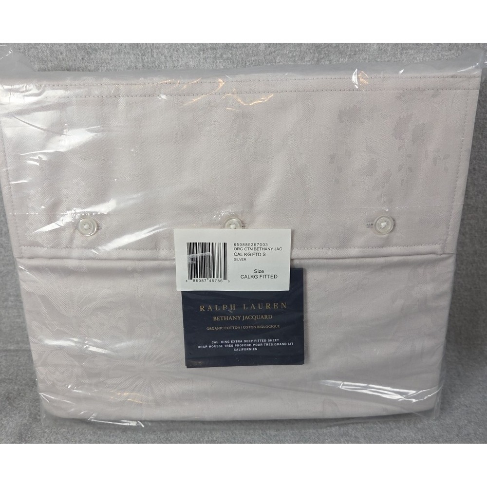RALPH LAUREN Bethany Jacquard Cal King Extra Deep Fitted Sheet Silver NEW